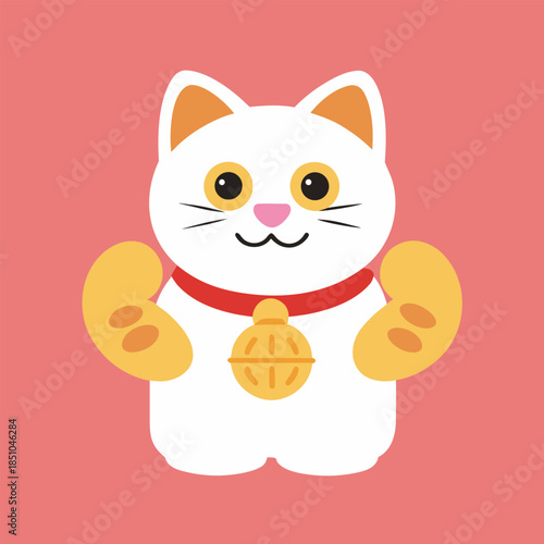 A charming illustration of a maneki neko a beckoning cat with a red collar and golden bell on a red background