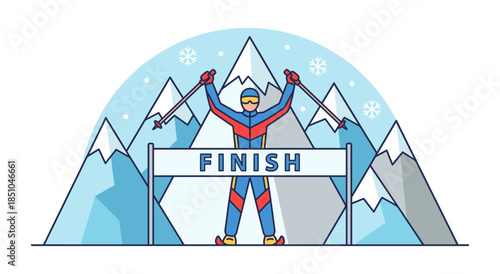Skier crossing finish line winning snow ski race
