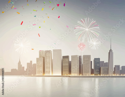 Vector illustration of a night cityscape featuring a New York City skyline with fireworks over downtown skyscrapers and urban architecture silhouettes