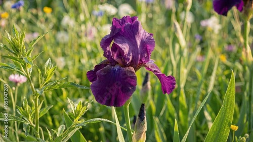 A vibrant deep purple iris flower with glistening dew drops stands out in a sunlit meadow. Surrounded by diverse wildflowers and lush green grass