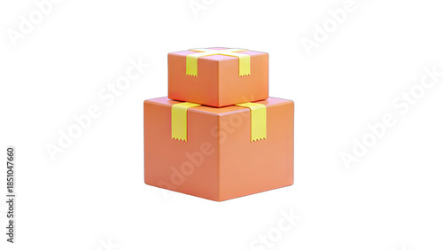 Stacked Orange Boxes with Yellow Tape on White Background