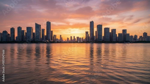 Wallpaper Mural A vibrant sunset casts an orange glow over a modern cityscape skyline. Tall buildings reflect on the calm water's surface Torontodigital.ca