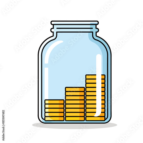 Stacks of gold coins in a transparent jar viewed from the side