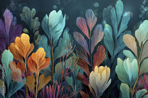 Fototapeta Naklejka Na Ścianę i Meble -  Underwater reef background illustration with colorful seaweed and coral in various shades of blue, orange, purple, and green creating playful and vibrant ocean scene