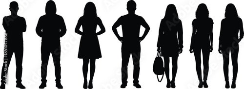 Silhouettes of diverse individuals in varied postures, gender representation, casual fashion, unity, anonymity, social identity, visual contrast