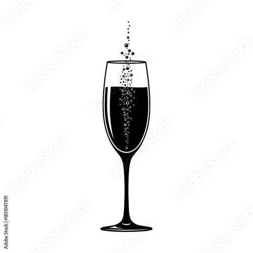 Elegant flute glass overflowing with sparkling effervescent liquid and rising bubbles
