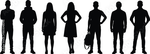 Silhouetted diverse group of people standing together, casual poses, unity, anonymity, diversity, teamwork, lifestyle, fashion, modern social concept