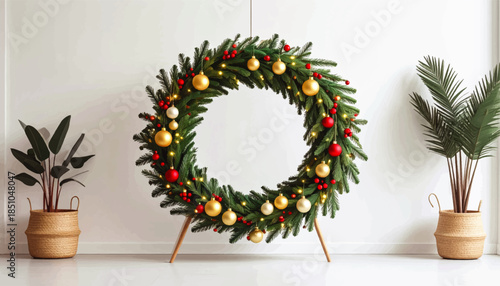 Festive Christmas wreath with a green pine garland and red ribbon bow hanging on a wooden door as a winter holiday celebration decoration