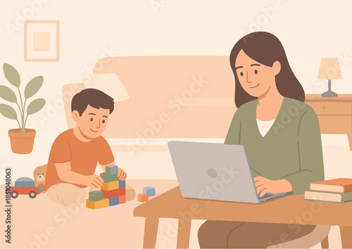 A smiling woman and child sit together at a kitchen table using a laptop and notebook for home education and business technology while enjoying family happiness and love