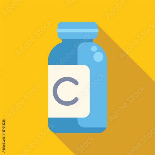 Vitamin c bottle icon representing health, nutrition, and immunity on a yellow background