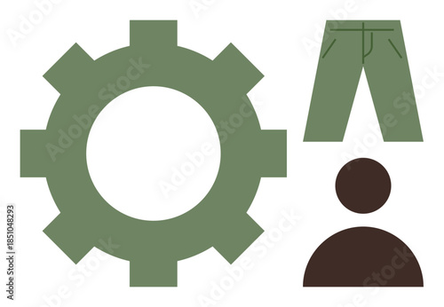 Large green gear, brown person silhouette, green pants icon. Ideal for teamwork, manufacturing, work-life balance, clothing industry, human resources mechanics minimalism. Simple flat metaphor
