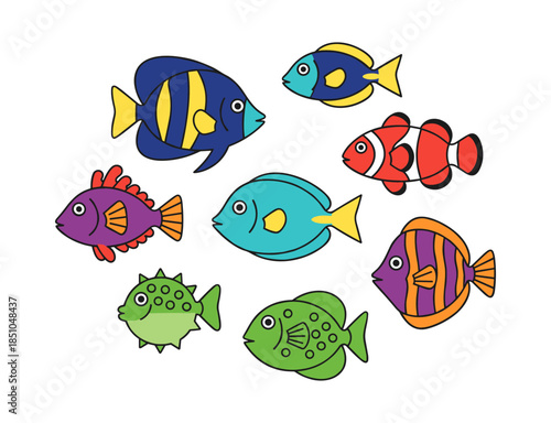 Colorful cartoon fish swimming underwater marine life