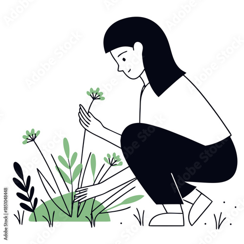 Woman squatting and gardening while caring for plants in a garden  