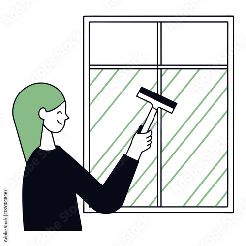 Woman cleaning window with squeegee and smiling indoors  