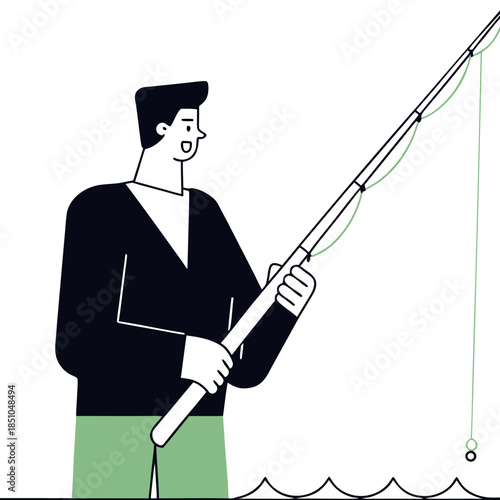 Man fishing with rod by the water in minimalist style  