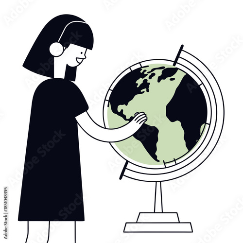 Young girl exploring globe while wearing headphones in minimalist style  