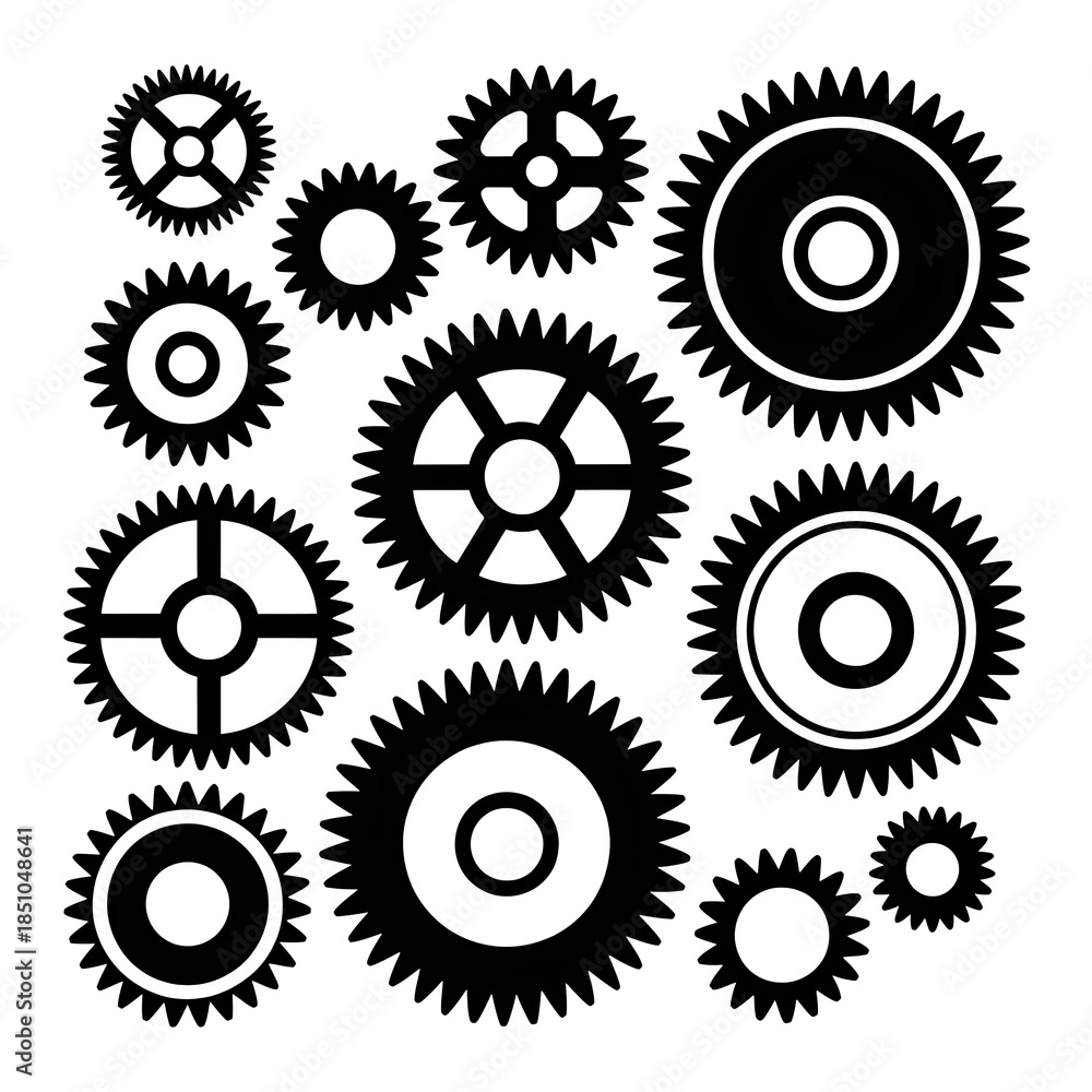 Obraz premium Black and white gear wheels of various sizes arranged in a pattern