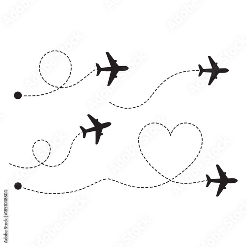 Line path vector icons of an airplane 
flight routes with start point and dashed line trace vector