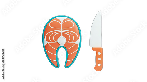 Salmon Steak and Knife Isolated on White Background