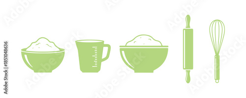 Configure the flour bowl icon. Baking supplies. Wholesome organic food. Cup for kitchen utensils. Dough preparation. Vector