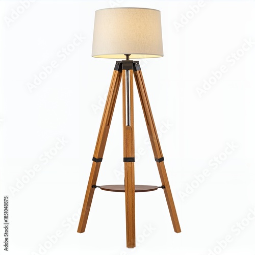 Elegant tripod floor lamp with neutral shade casting warm light on white background