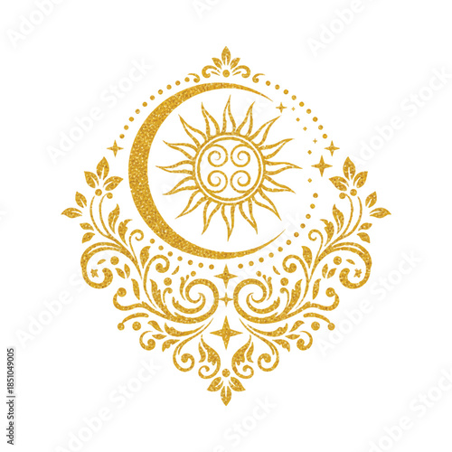 Ornate gold glitter sun and crescent moon with floral swirls and stars. Shimmering celestial emblem for mystical, spiritual, and astrological designs. Elegant texture on white background.