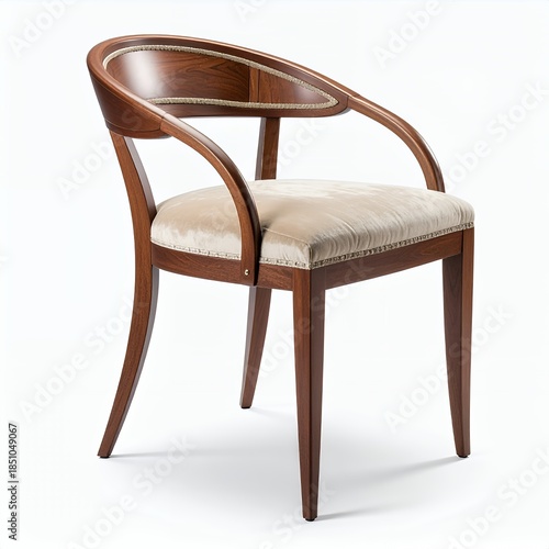 Elegant wooden chair with beige cushion on a white background highlights refined design