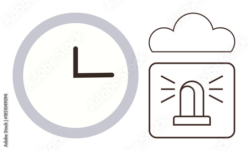 Clock icon paired with alert notification in a cloud. Ideal for time management, urgency, reminders, scheduling, alarms, deadlines, notifications. Clean and simple flat metaphor