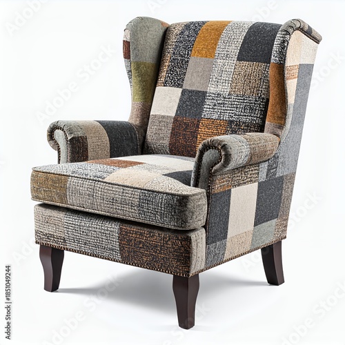 Comfortable patchwork armchair on clean white background offers unique seating style