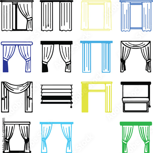 Curtain Vector illustration set of furniture icons featuring black silhouette symbols for home interior design 