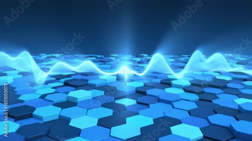 Abstract blue 3d vector hexagon background with energy blue glowing lines. Geometric random waving motion design business background