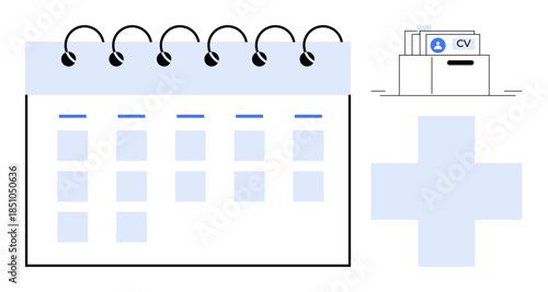 Time management concept. Calendar, medical cross, and CV folder organized scheduling, healthcare planning, and hiring process. Time management tools for healthcare, recruitment, planning business