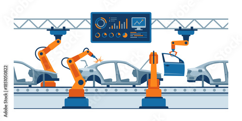 Automotive factory robots working on assembly line production