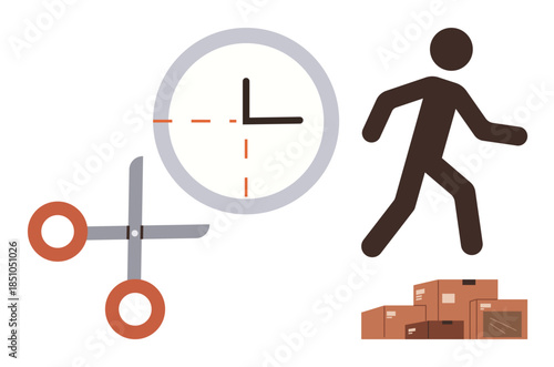 Scissors cutting across a clock, a person walking towards stacked boxes. Ideal for efficiency, time-saving, goal-setting, productivity, delivery, logistics supply chain. Simple flat metaphor