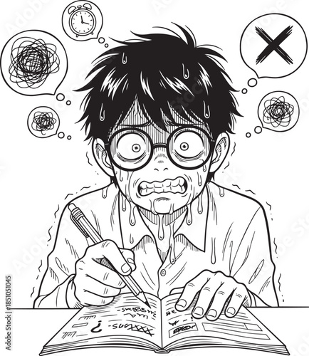 Stressed student with sweaty face and messy thoughts while studying