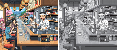 Vibrant Japanese restaurant scene with chef serving ramen to happy customers