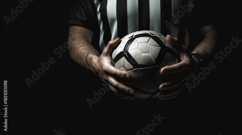 An athletic referee wea a black and white striped uniform firmly grasps a soccer ball in his hands against a dark, shadowy background in a dramatic portrait.