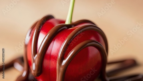 Delicious red candy apple drizzled with rich chocolate sauce for National Chocolate Covered Cherry Day