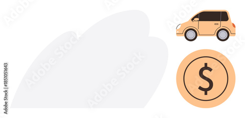 Small yellow car next to a money circle with a dollar sign representing payment, finance, or rental. Ideal for car sales, vehicle financing, car insurance, auto loans, rentals, budgeting savings