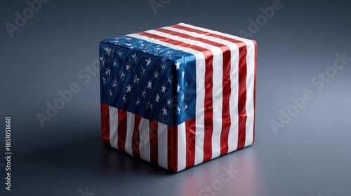 United States flag stretched across modern minimal cube, red, white, and blue perfectly aligned with edges. Shadows add