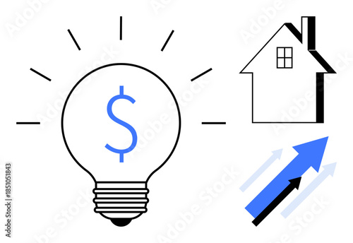 Financial planning, real estate investment, property market trends, wealth management, energy costs, business solutions. Lightbulb with dollar sign, house and growth arrows. Financial planning