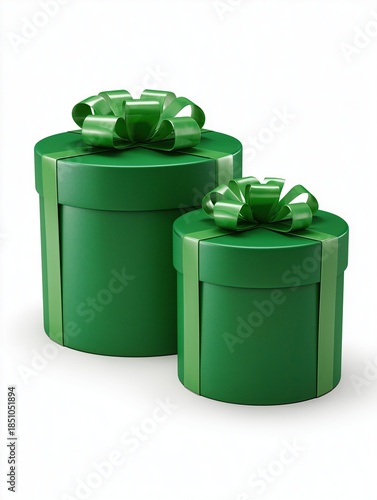 Two Green Round Gift Boxes with Smooth Wrapping and Festive Green Bows, Ideal for Celebrations and Gifting