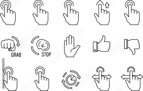 Outline Hand Gesture Icons Touch, Stop, and Like Symbols