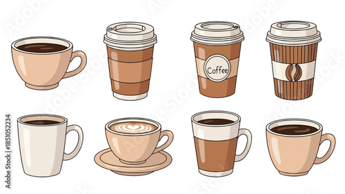A collection of various coffee cups and mugs, including ceramic and disposable options, filled with different coffee beverages.
