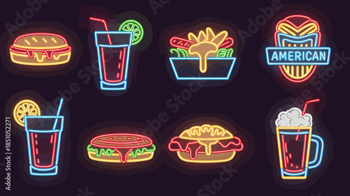 Neon signs of American fast food and drinks, including burgers, hot dogs, fries, soda, and a milkshake, glowing on a dark background.