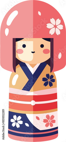 Japanese Kokeshi Doll Flat Vector Illustration Traditional Wooden Toy Pastel Style
