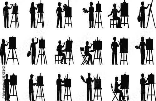 Artist painting silhouettes set showing painters working on easels with brushes and palettes isolated on white background vector illustration
