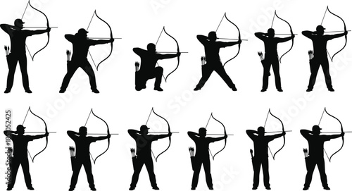 Archery archer silhouettes set showing multiple shooting poses with bow and arrow isolated on white background vector illustration