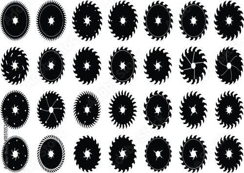 Circular saw blade silhouettes set featuring various industrial cutting tool shapes isolated on white background vector illustration for woodworking and metalwork