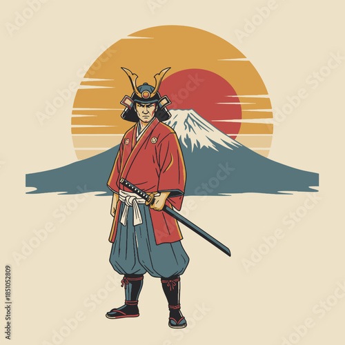 Japanese Samurai Retro Poster Flat Vector Illustration Traditional Vintage Warrior Scene